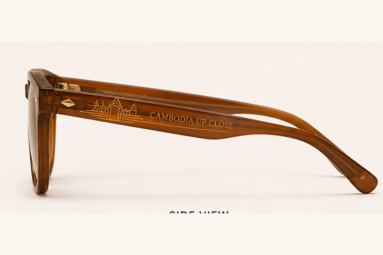 Cambodia Up Close sunglasses side view with arm detail.