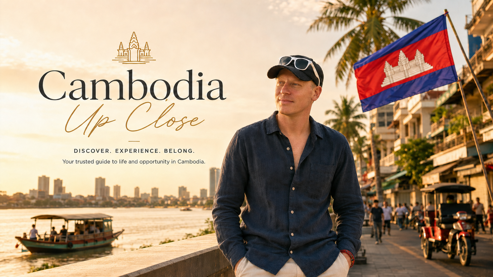 William van der Pol naast het Cambodia Up Close-beeld en de Cambodjaanse vlag.